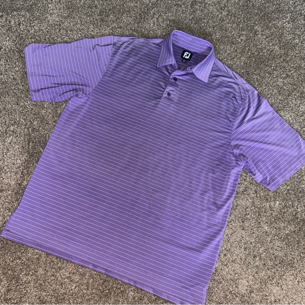 FJ Foot Joy Men’s Purple White Stripe Short Sleeve Polo Golf Shirt Sz Large